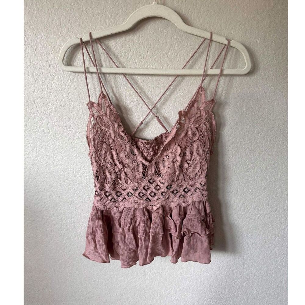 Free People FP ONE Dusty Rose Lace Strappy Peplum Cami Top XL Smocked Y2K Boho